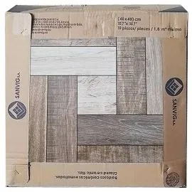 Wood-style Pinotea ceramic gres floor tile, 400x400x8 mm, packaged in a 1.6 m² box. islagrande.com