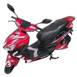 Front-Lateral view of a LT-4206 Medium Electric Motorcycle with MNLiFePO4 72V 45Ah battery, red. islagrande.com