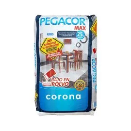 Saco de Cemento Cola Porcelánico Gris PEGACOR MAX CORONA  Int-Ext de 25Kg  vista frontal. Islagrande.com