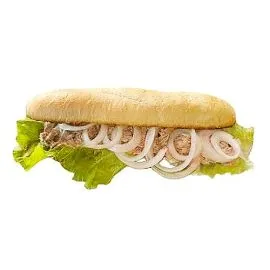 Tuna baguette filled with lettuce leaves and onion slices. islagrande.com