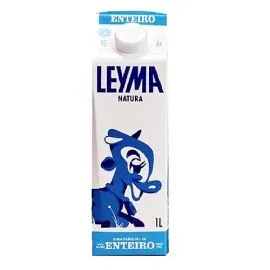 Elopak container of Whole UHT LEYMA Milk 1L with blue cap, white and blue design on a white background. islagrande.com