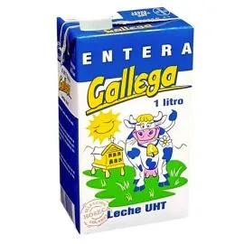 Carton of Whole UHT GALICIAN Milk 1L with cap, blue and white design, on a white background. islagrande.com