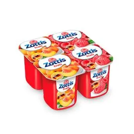 Postre Lácteo con trozos de frutas (piña, melocotón, fresa, y frambuesa) Desnatado 0.1%MG Zott 115g/Pack 4U. Islagrande.com