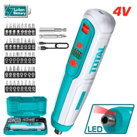 4 V TOTAL cordless screwdriver with integrated LED light, 10 magnetic bits, and ergonomic design. islagrande.com