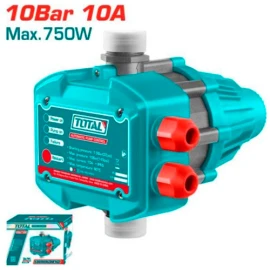 TOTAL Automatic Control for peripheral water pump IP65, 110-120V, compact design with blue casing and metal connections. islagrande.com
