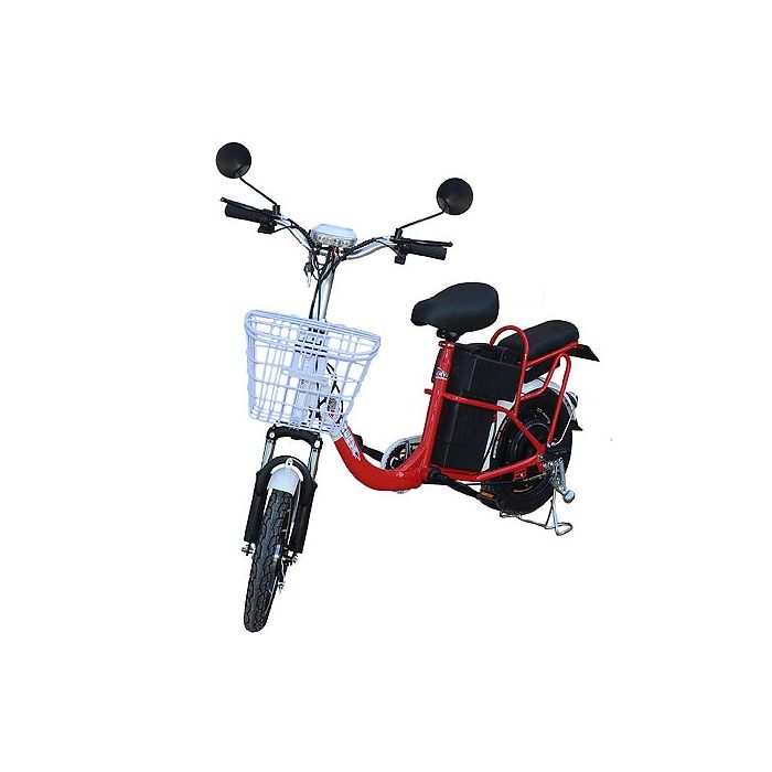 Bicicleta eléctrica M2212 16" 36v,vista oblicua,roja,bateria de Gel plomo,2 sexos,1 cesta,2 gomas. islagrande.com